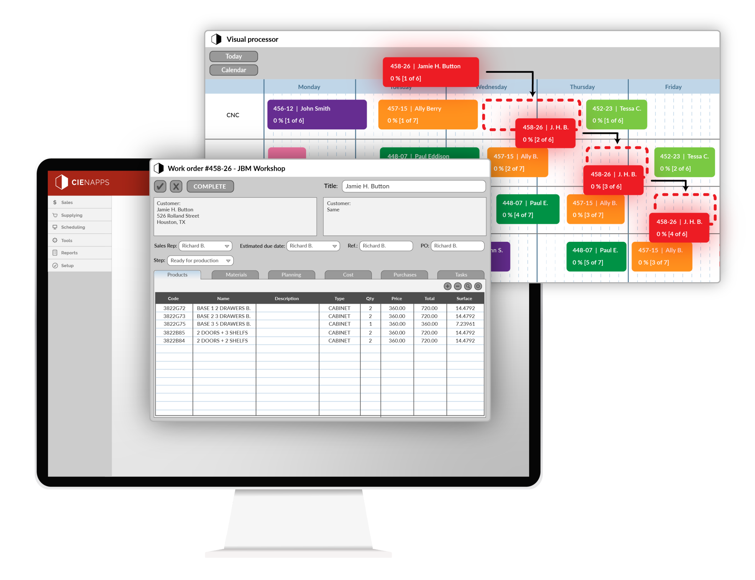 Cienapps erp | cienapps software Project planning ui on a monitor: calendar/timeline with colored task bars and a red pop-up showing dates and labels (e. G. , 458-26).