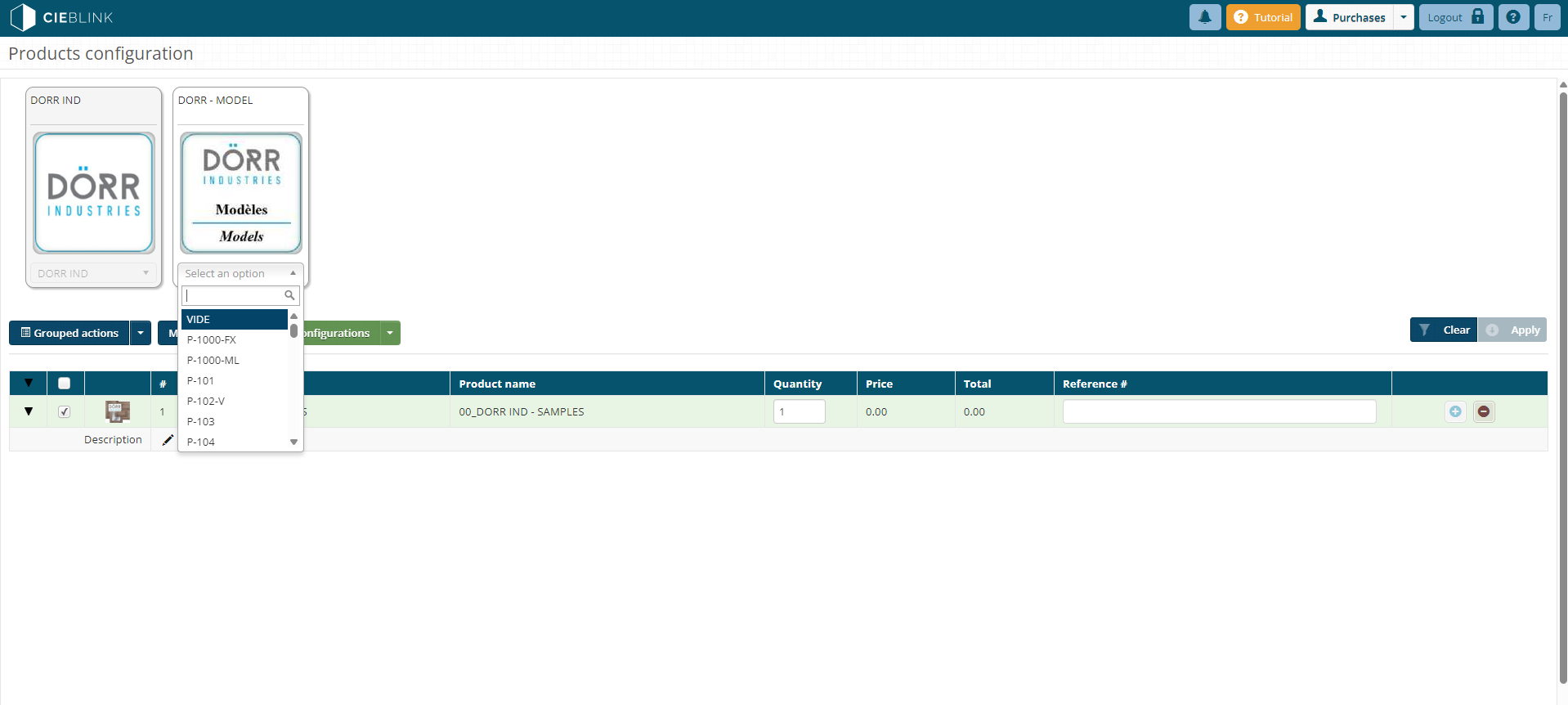 Cieblink cpq | cienapps software Product configuration screen with two panels for dôrr models and a detailed order line table including quantity and price fields