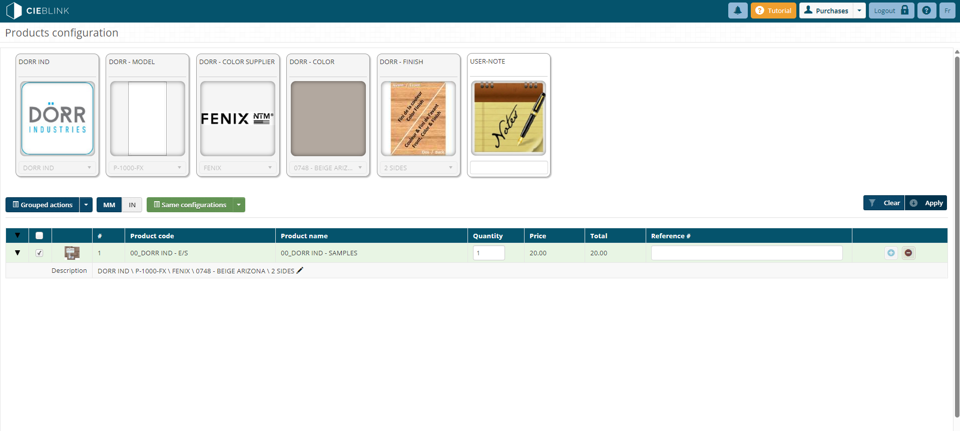 Cieblink cpq | cienapps software Product configuration page showing six material cards (dorr ind, p-1000-fx, fenix, 0748 beige, 2 sides, notes) and a details table below.