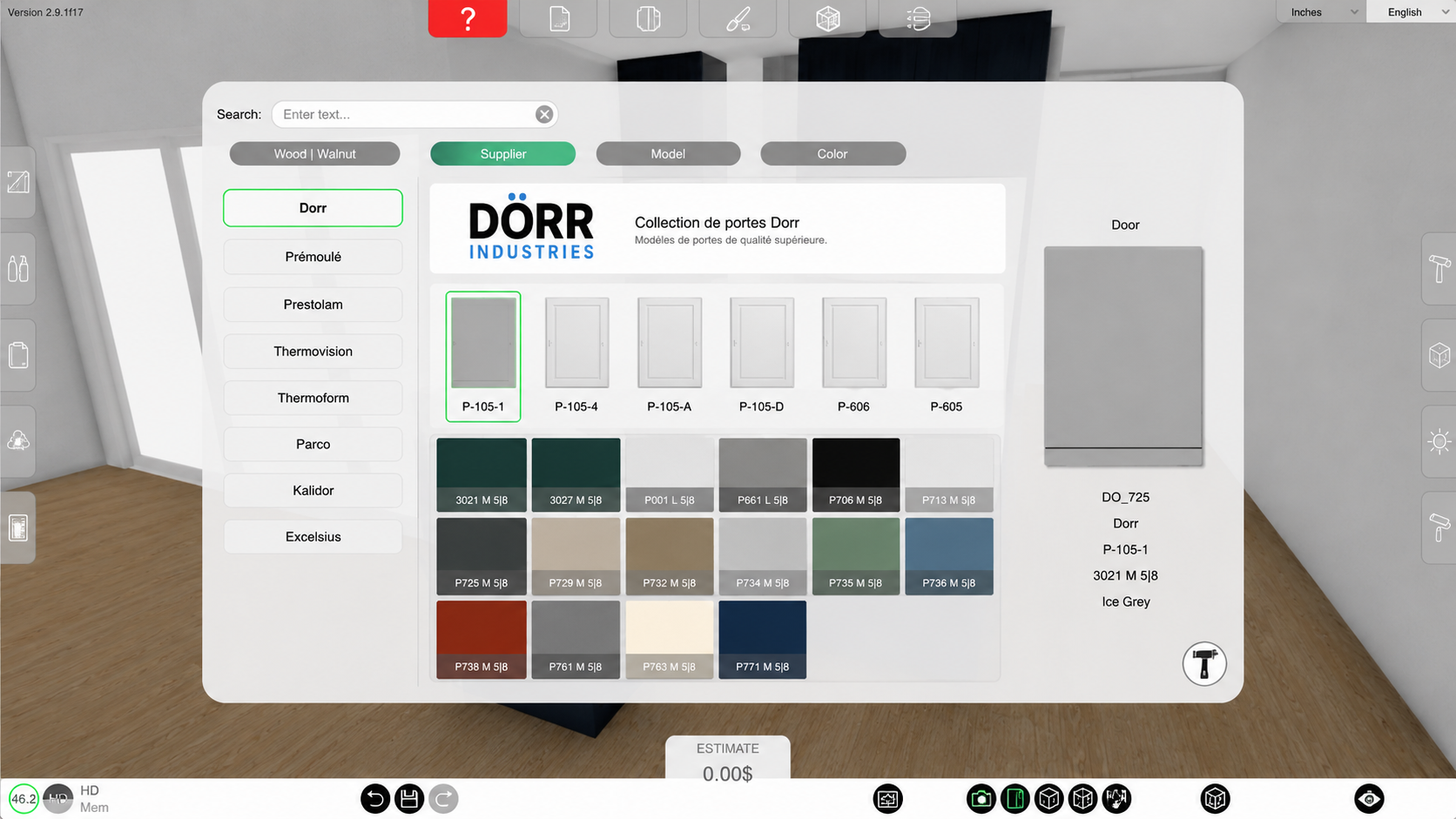 Ciemetric design | cienapps software 3d interior design interface showing a kitchen with dark cabinets; overlayed color swatches, supplier/model/color tabs, and a search bar for finishes